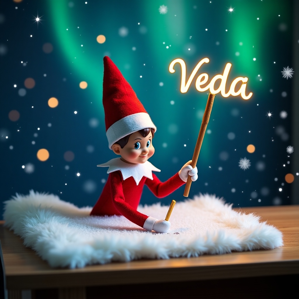 An enchanting Christmas scene featuring an elf on the shelf. The elf, dressed in red and white, wields a magic wand with glowing names above him. The backdrop is adorned with vibrant northern lights, adding a magical ambiance. Soft snowflakes fall, creating a whimsical atmosphere. The scene captures the spirit of Christmas with a cheerful elf writing names. Sparks of fairy lights and stars enhance the magical scene, making it a portrayal of holiday joy and excitement.