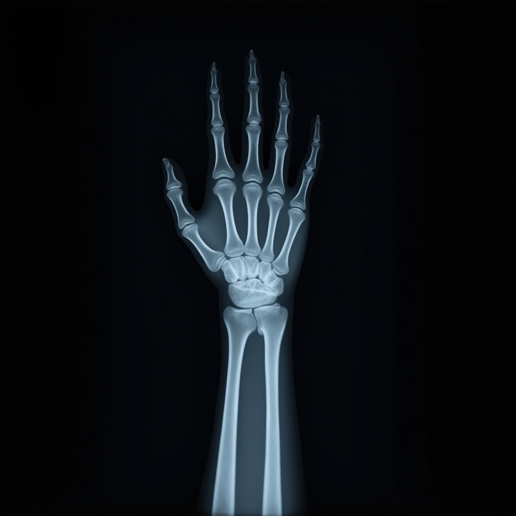 An X-ray image showcases the intricate skeletal structure of a human hand. The bones are clearly defined against a dark background, emphasizing the details. Each finger is extended, providing a full view of the phalanges and metacarpals. This imaging technique is used to diagnose fractures and other conditions. The overall composition highlights the beauty of human anatomy through a scientific lens.