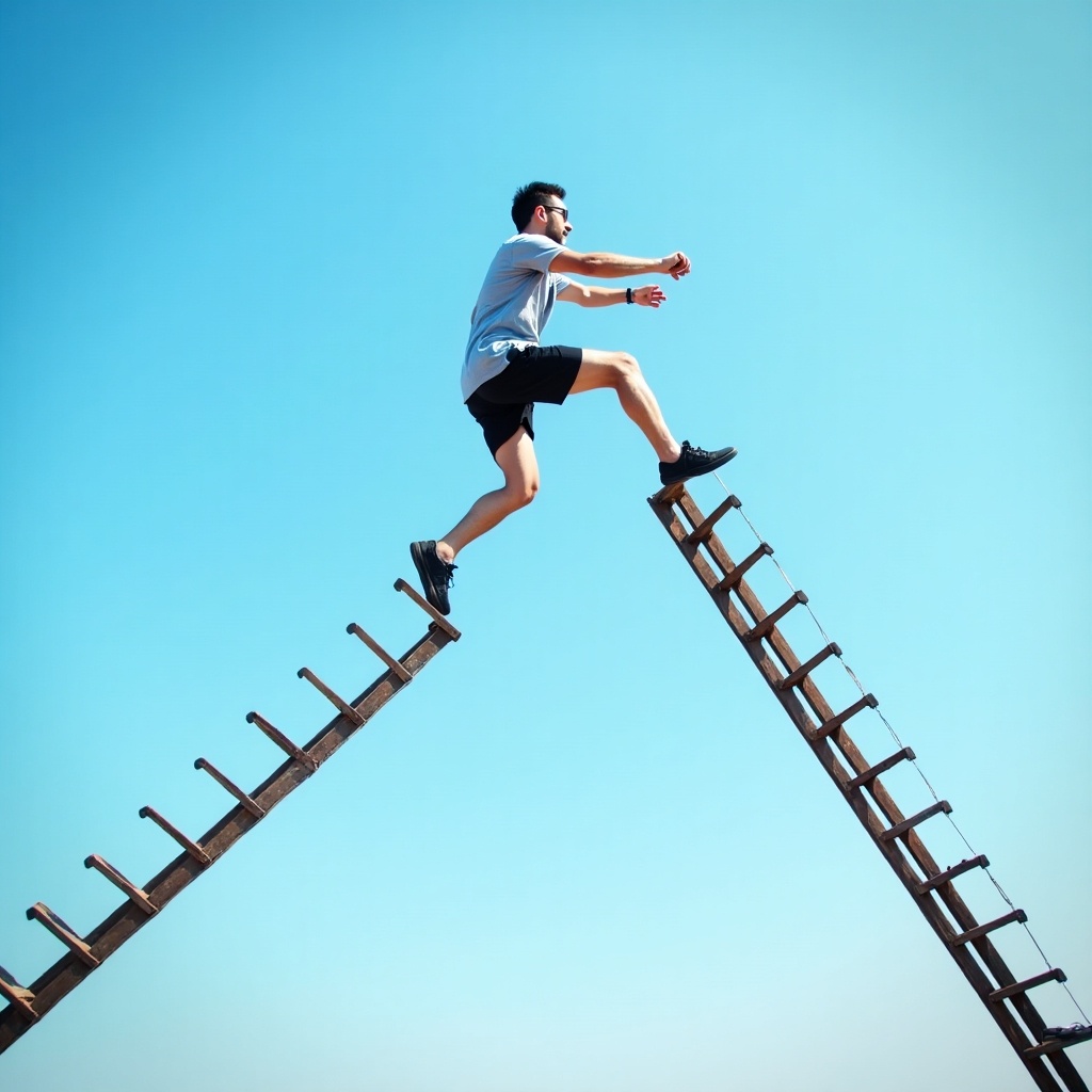 The image shows a person energetically jumping from one wooden ladder to another, showcasing a sense of adventure and risk-taking. The background features a clear blue sky, adding to the vibrant and uplifting atmosphere. The person is mid-air, emphasizing movement and motion, while wearing casual sports attire. The wooden ladders are arranged in a way that forms a challenge, further highlighting the adventurous spirit. This captures the essence of pushing limits and embracing challenges in life.