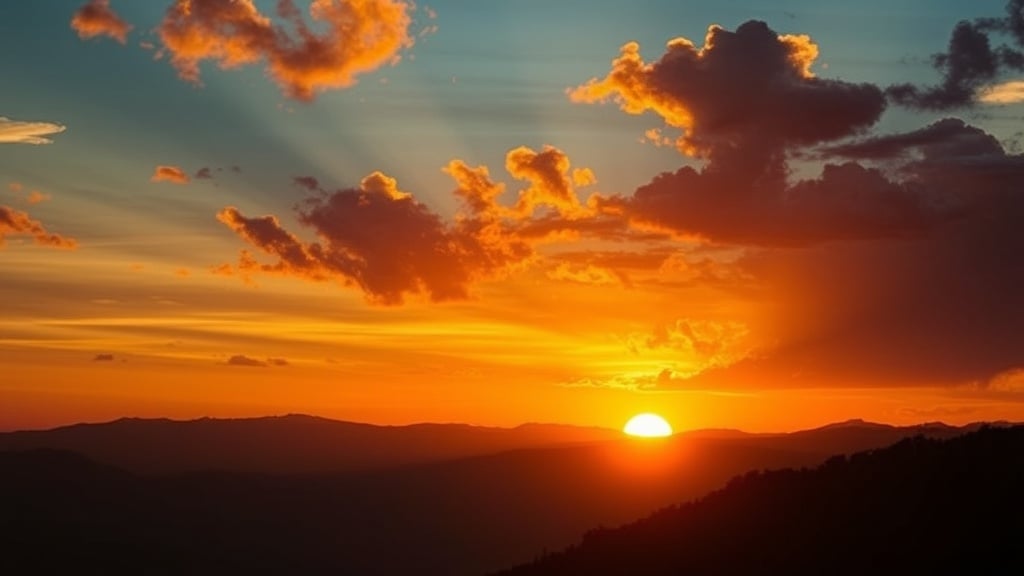 A stunning sunset over a mountain landscape bathes the horizon in vibrant shades of orange and gold. Fluffy clouds scatter across the sky, partially illuminated by the sun's last light, creating a dramatic and picturesque scene. The silhouettes of rolling hills add depth and contrast to this breathtaking view.