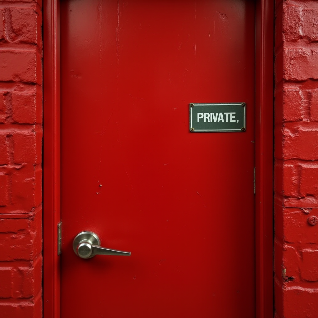 A bold red door marked 'PRIVATE' set in a red brick wall.