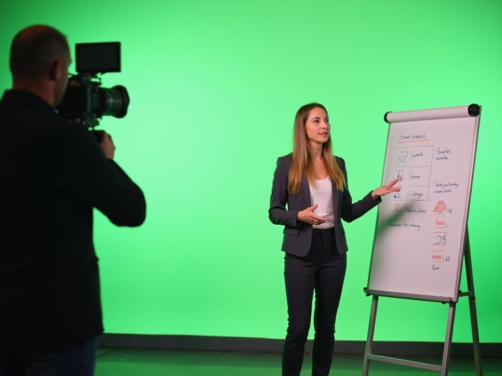 A woman stands in front of a whiteboard, presenting information as she is filmed with a camera. She appears confident and engaged, illustrating various points on the board. The background is a vibrant green screen, indicating that this may be for video production purposes. The woman is dressed professionally in a suit, enhancing the corporate setting of the presentation. This setup is ideal for creating educational or promotional content in a modern format.