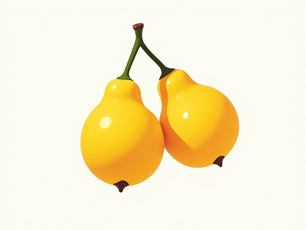 Two bright yellow pears with green stems set against a plain white background, casting subtle shadows.