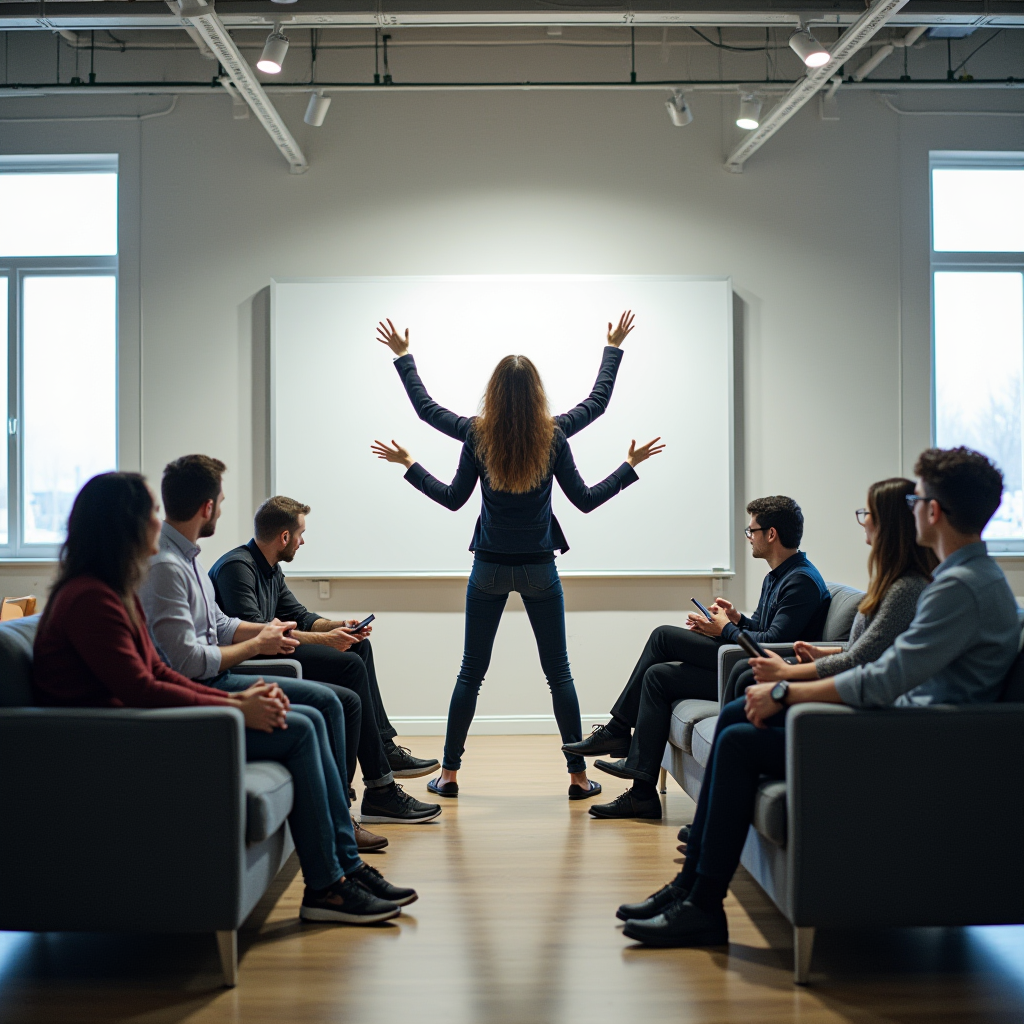 A person gestures energetically in front of an audience in a meeting room.