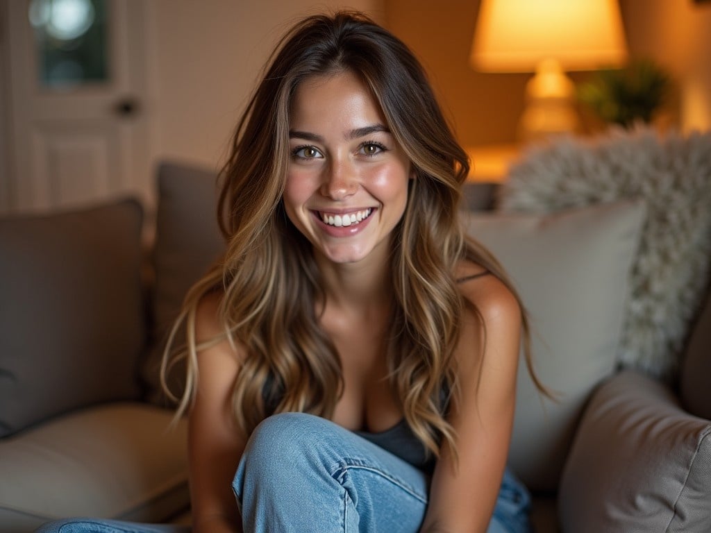 A young woman is sitting comfortably on a couch, wearing a casual outfit with a playful smile on her face. She has long, flowing hair and striking eyes, and she radiates confidence and joy. The background features warm shades and soft lighting, enhancing the cozy atmosphere. With a hint of levity, she embraces her role, possibly dressed in a supergirl costume that adds a fun twist to her candid pose. The overall scene portrays a blend of everyday life and superhero charm.