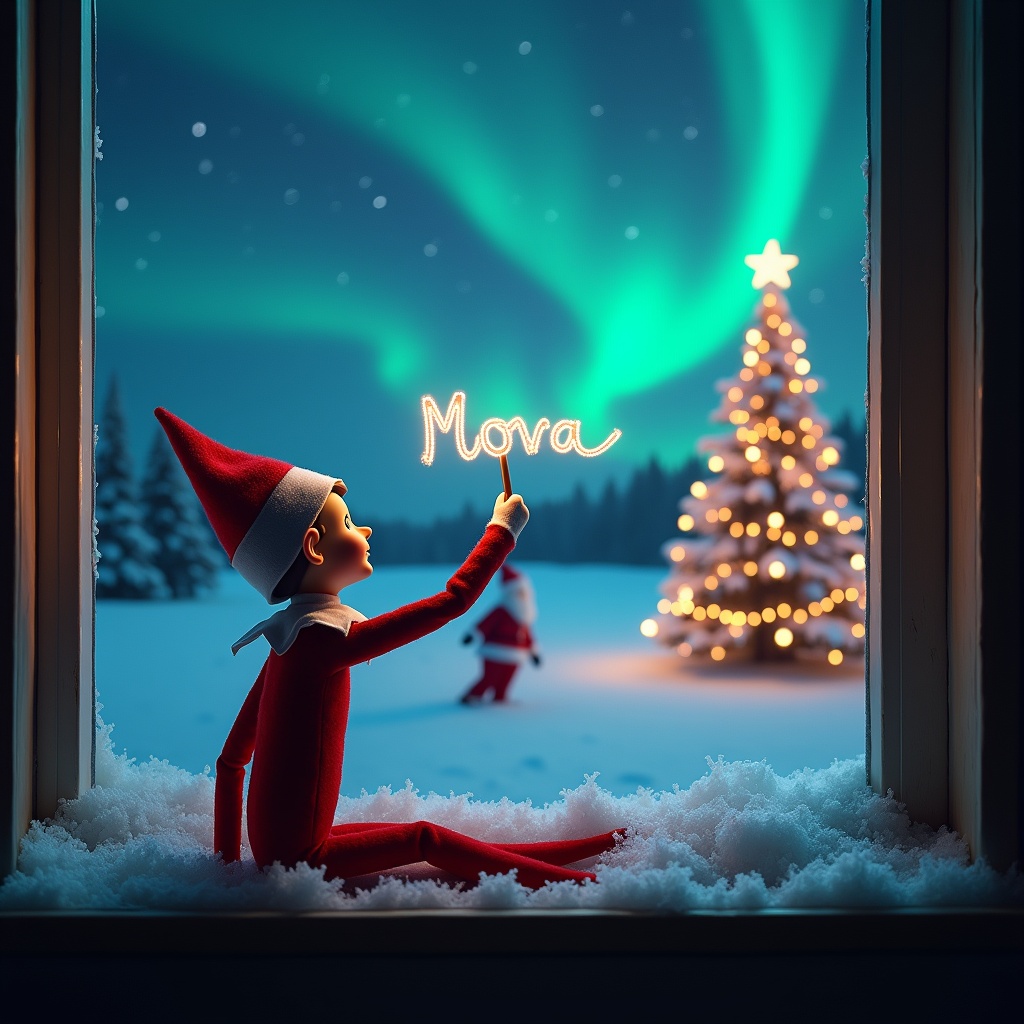 An enchanting Christmas scene features an elf on the shelf with his back to the viewer, gazing up at a magical sky. The elf is using a wand to elegantly write the names 'Mason' and 'Nova' in the air. In the background, the landscape is illuminated by beautiful northern lights and adorned with a Christmas tree sparkling with lights. Santa Claus is visible in the distance, creating a whimsical and festive atmosphere. Snow gently covers the window ledge, adding to the cozy feel of the scene.