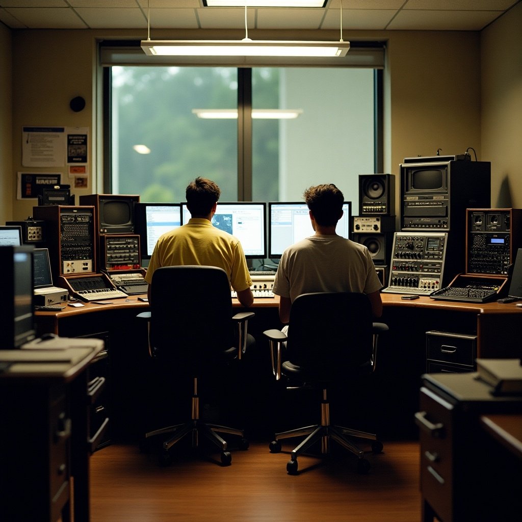 The image depicts a busy editing room filled with vintage cinematic tools. Two individuals are seated in front of computer screens, collaborating on a project. The room is densely packed with sound equipment and old film editing devices. Soft lighting filters in through a window, illuminating the workspace. This setting is perfect for showcasing the blend of modern technology with retro filmmaking tools.