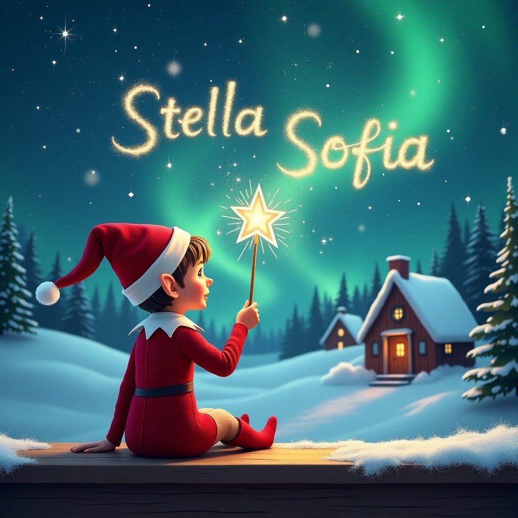 An elf sits on a wooden ledge, dressed in a red outfit and hat, gazing at a beautiful sky filled with stars. In its hand, it holds a sparkling wand, creating names 'Stella' and 'Sofia' in the night sky. Behind the elf, a snowy landscape unfolds with charming little houses and evergreen trees. The Northern Lights shimmer above, enhancing the magical atmosphere. This scene embodies the joy and wonder of Christmas, evoking feelings of childhood nostalgia and festive cheer.