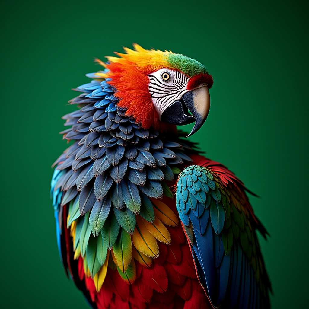 A colorful macaw parrot with red, blue, green, and yellow feathers against a green background.