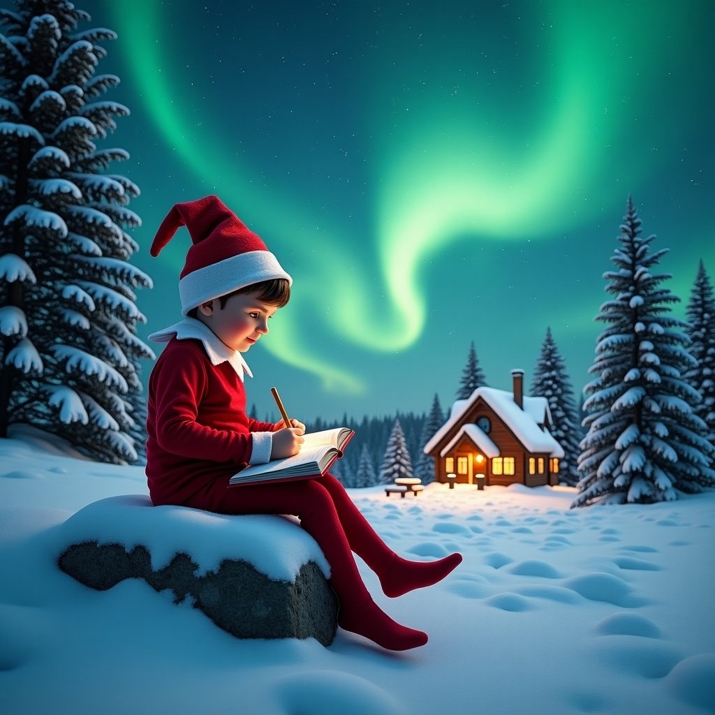 An enchanting winter scene unfolds with a child dressed as a festive elf, intently writing in a book while sitting on a snowy rock. Above, the sky is alight with vibrant northern lights, creating a magical atmosphere. In the distance, a cozy cabin radiates warmth, surrounded by tall evergreen trees dusted with sparkling snow. The serene landscape embodies the essence of the holiday season. The elf’s red attire stands out against the pure white snow, adding a joyful touch to this idyllic, wintry scene.