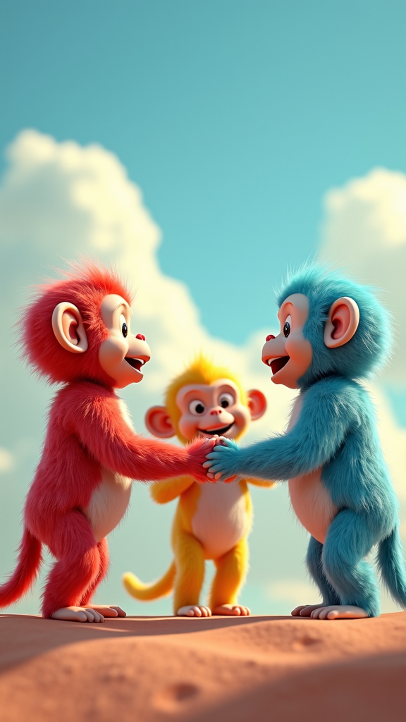 Three colorful, cartoon-style monkeys—red, blue, and yellow—hold hands playfully under a clear blue sky.