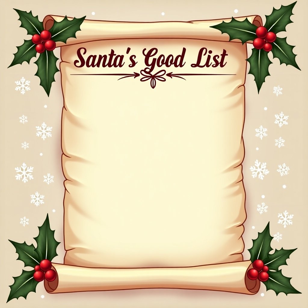 This image features Santa's Good List on a beautifully designed scroll. The scroll has elegant lettering at the top that says 'Santa's Good List'. Surrounding the scroll are festive holiday decorations with holly and snowflakes. The colors are warm and inviting, with reds and greens on a beige background. This artwork embodies the joy and nostalgia of the Christmas season.