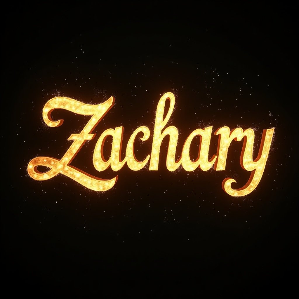 The image features the name 'Zachary' elegantly written in swirly gold letters. It appears as if the letters are crafted from light, glowing vividly against a dark background. Sparkles surround the name, further enhancing its luminescent effect. The style is both sophisticated and eye-catching, perfect for personalized items. This design could be suitable for various applications, from decorative artwork to invitations.