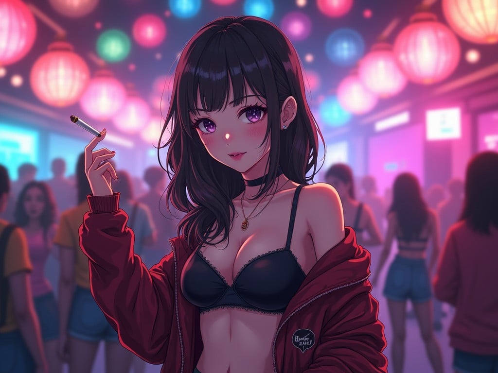 This image showcases a stylish anime girl in a nightclub setting. She has black hair, purple eyes, and is dressed in a black bra with a red jacket. A cigarette hangs from her hand, adding a rebellious vibe. The background features a bustling crowd, illuminated by colorful lanterns, creating a lively atmosphere. The overall art style is vibrant and eye-catching, appealing to anime and nightlife enthusiasts.