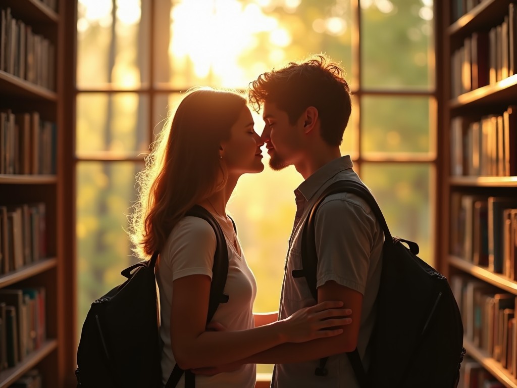 A couple lovingly embraces in a sun-drenched library setting. The warm, golden light casts a romantic glow over their faces as they stand forehead to forehead. Eyes closed, they share a tender moment. The soft natural light filters through the window, illuminating the rows of books on either side. This serene environment enhances the intimacy of their connection.