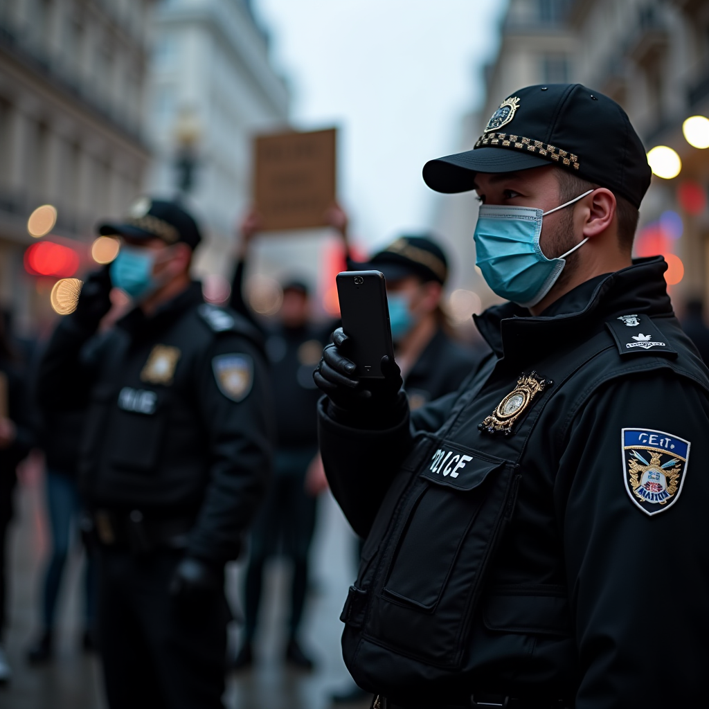 Police officers wearing masks amidst a crowd, capturing the scene with a smartphone.