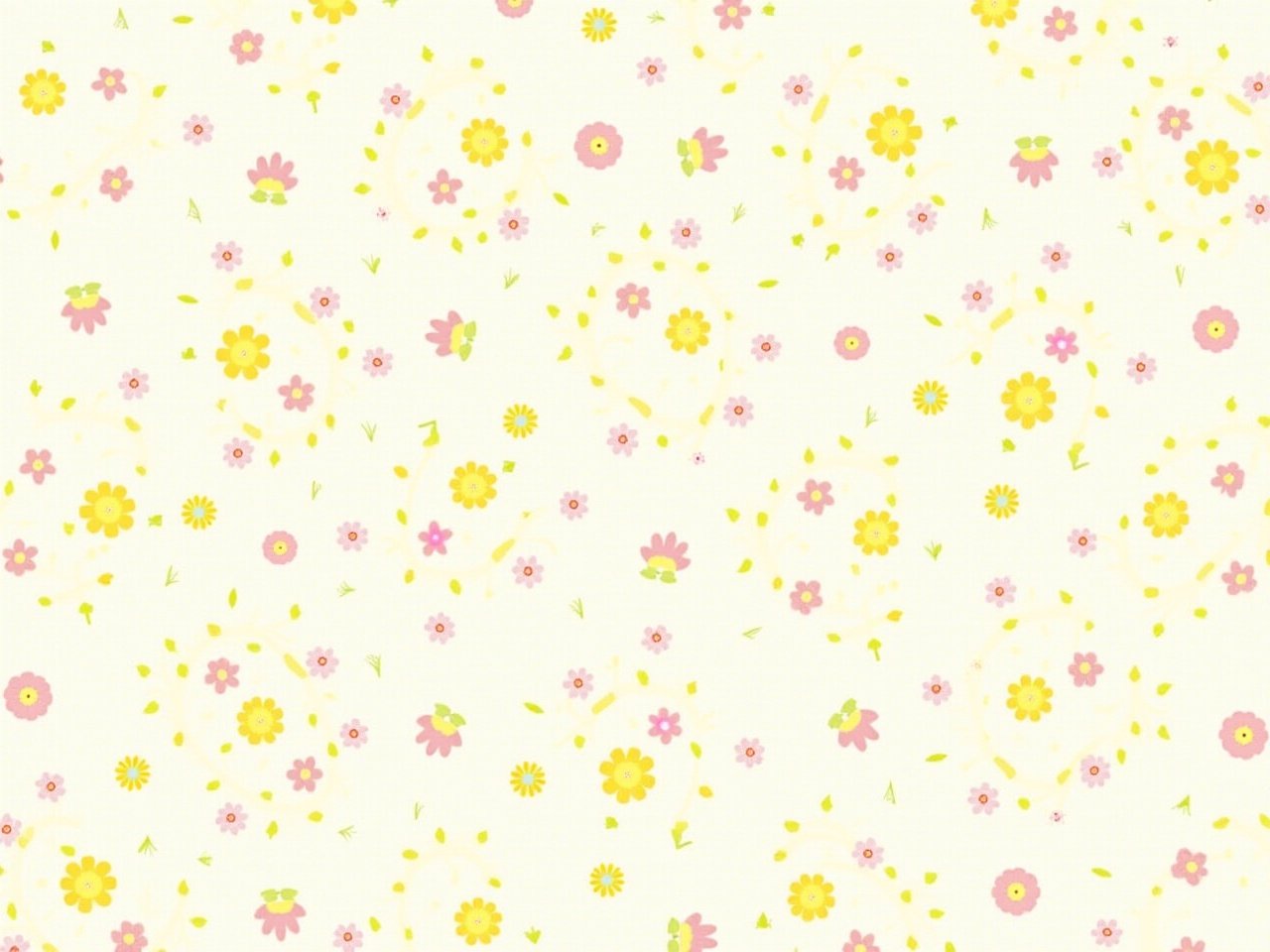 The image showcases a seamless floral pattern filled with various colorful flowers. Predominantly, the colors yellow, pink, and green pop against a light beige background. The design evokes a sense of whimsy and cheerfulness, making it ideal for spring-themed products. Small floral elements are sprinkled throughout, creating a lively and playful atmosphere. This pattern can be used in various products like textiles, stationery, and decor items.