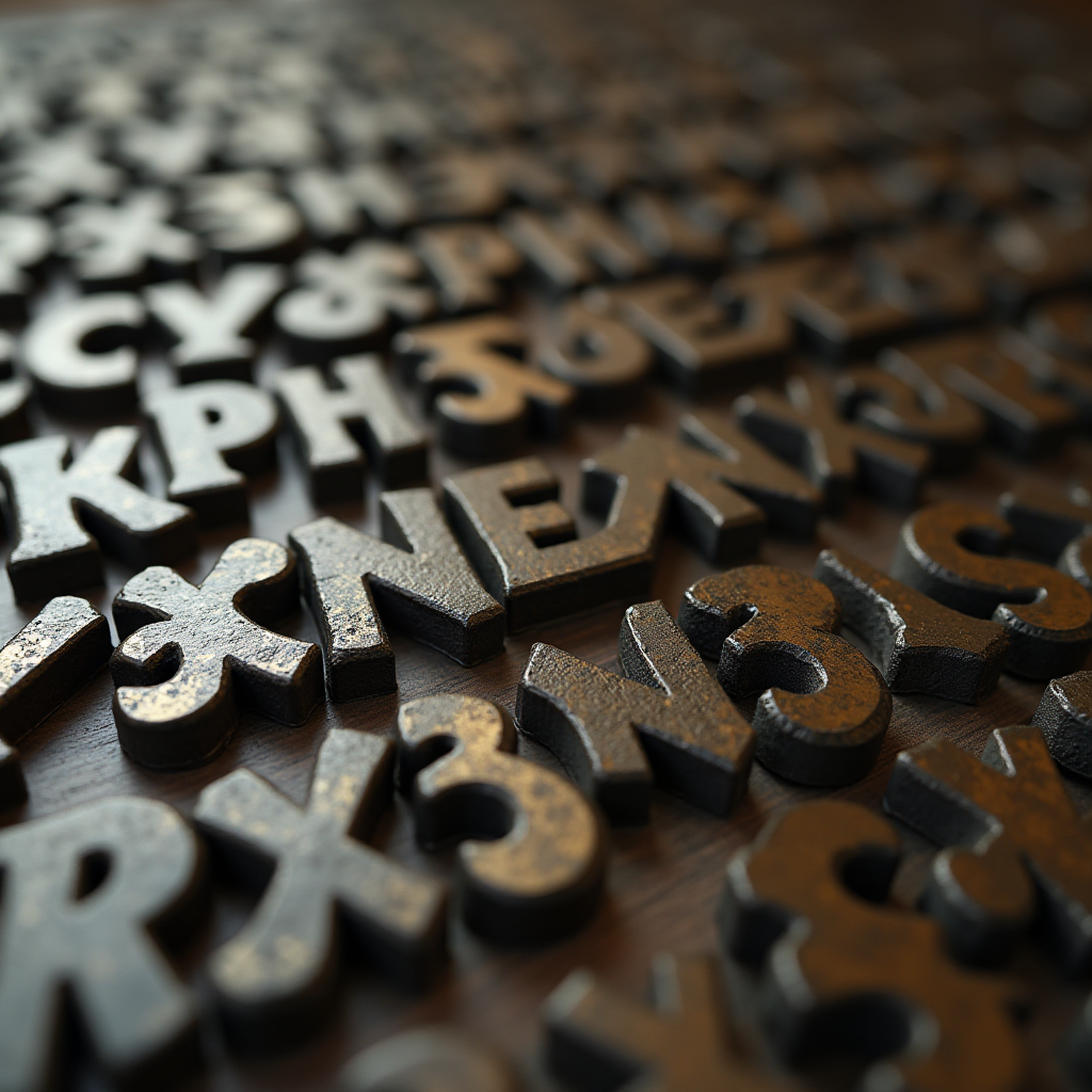 The image shows numerous metal letters and numbers placed randomly on a wooden surface.