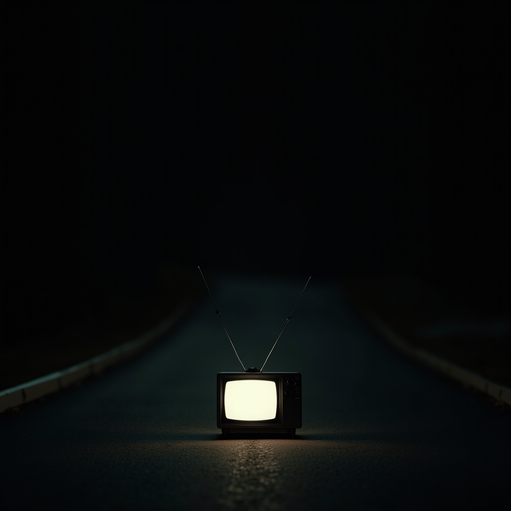 A vintage TV with antenna emits a soft glow in the dark, placed in the middle of a deserted road.