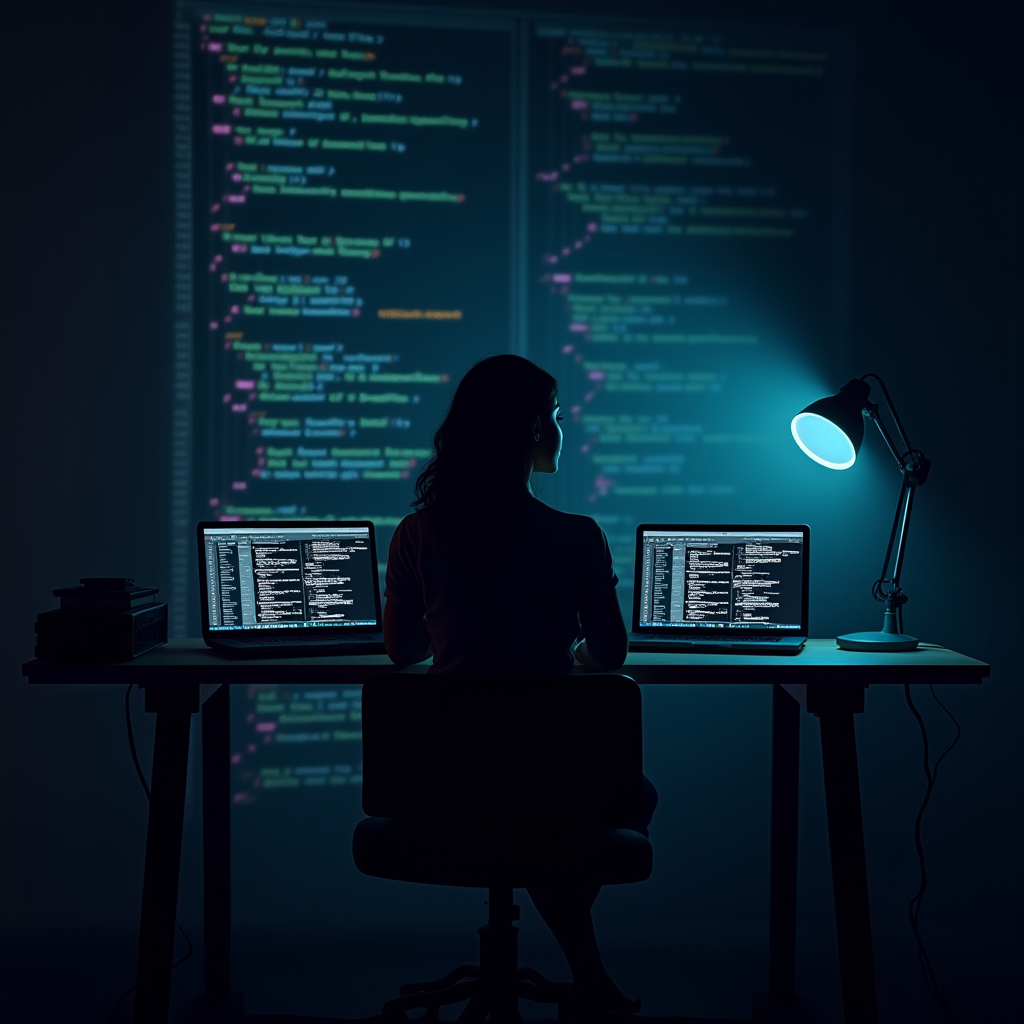 A programmer working intently on code with a dual screen setup in a dimly lit room.