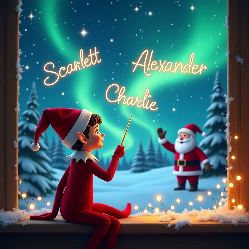 The image features an elf on the shelf sitting with his back to the viewer, elegantly using a wand to write names in the sky. The background is filled with a magical Christmas scene, showcasing beautiful northern lights and Santa Claus in the distance. Above the elf, the names 'Scarlett', 'Charlie', and 'Alexander' are artistically written in the sky. The elf is full of wonder and joy as he engages in this special holiday tradition. Soft lights fill the window frame, adding to the cozy, festive atmosphere.