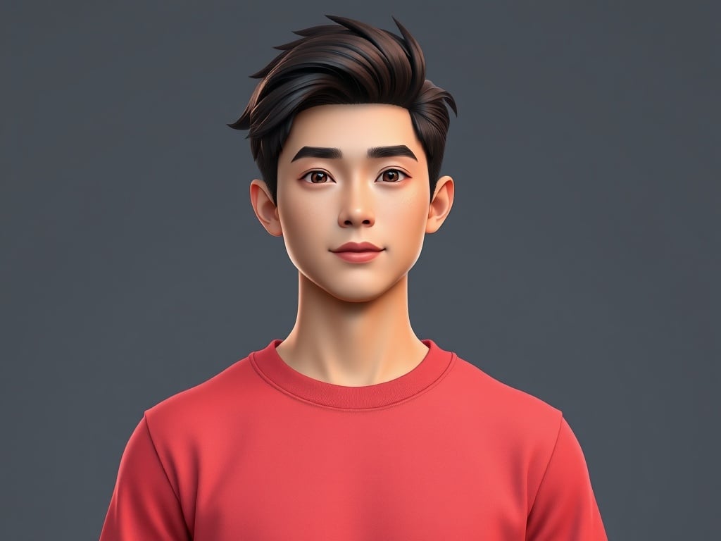 A digital illustration of a young person with stylized features wearing a red sweater against a gray background.