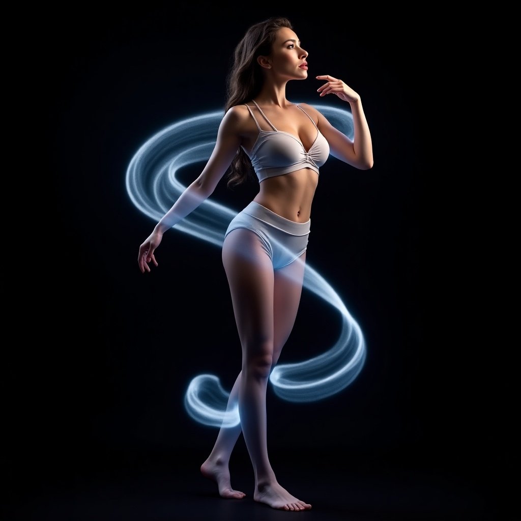 In a captivating display of fluid grace, a beautiful woman poses elegantly against a black background. Her hourglass figure is accentuated by form-fitting attire, while bioluminescent warping waves twist around her arms, chest, stomach, and hips, creating an ethereal glow. The mid-shot captures her in a dramatic side light that highlights her features intricately. The artistic style underscores the fluid movement and depth of color, making it a hyperrealistic depiction suitable for diverse visual applications. This full-body shot evokes a sense of dynamism and beauty, perfect for a variety of creative projects.