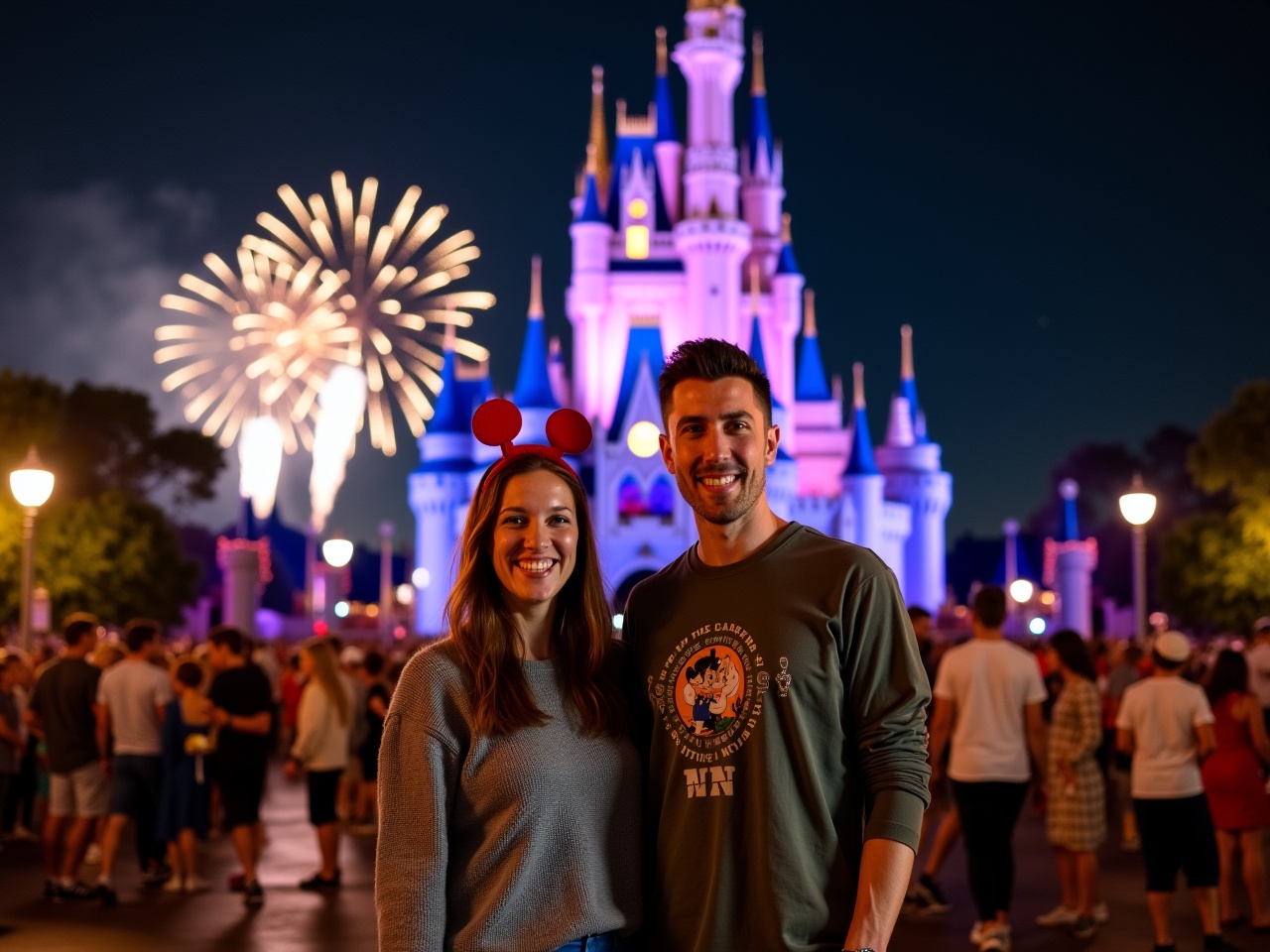 A couple stands smiling in front of a stunning castle illuminated in vibrant colors at night. The castle features tall spires and ornate details, surrounded by a happy crowd enjoying the festivities. Fireworks light up the sky behind the castle, adding an enchanting touch to the atmosphere. The woman is wearing a grey sweater and a skirt, while the man sports a casual shirt with a fun graphic. Both are wearing playful headbands that match the festive vibe. The scene captures a magical moment at Disneyland, filled with joy and excitement.