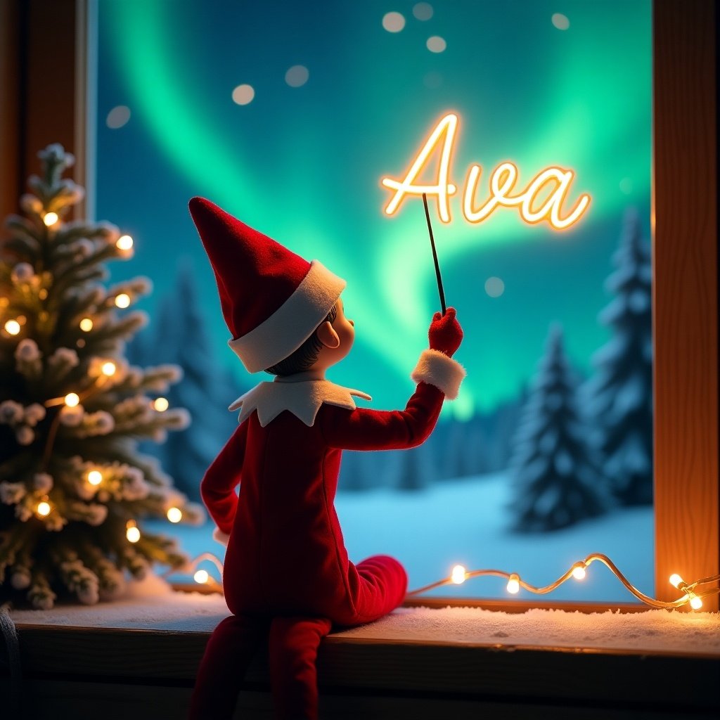 An enchanting Christmas scene featuring an elf on the shelf. The elf is dressed in a classic red and white outfit, sitting with its back to the viewer. It wielding a magic wand, writing the name 'Ava' in glowing, whimsical script above. The backdrop is filled with vibrant northern lights, creating a magical atmosphere. Surrounding the elf is a beautifully decorated Christmas tree, enhancing the festive feeling. The combination of these elements captures the joy and excitement of the holiday season.