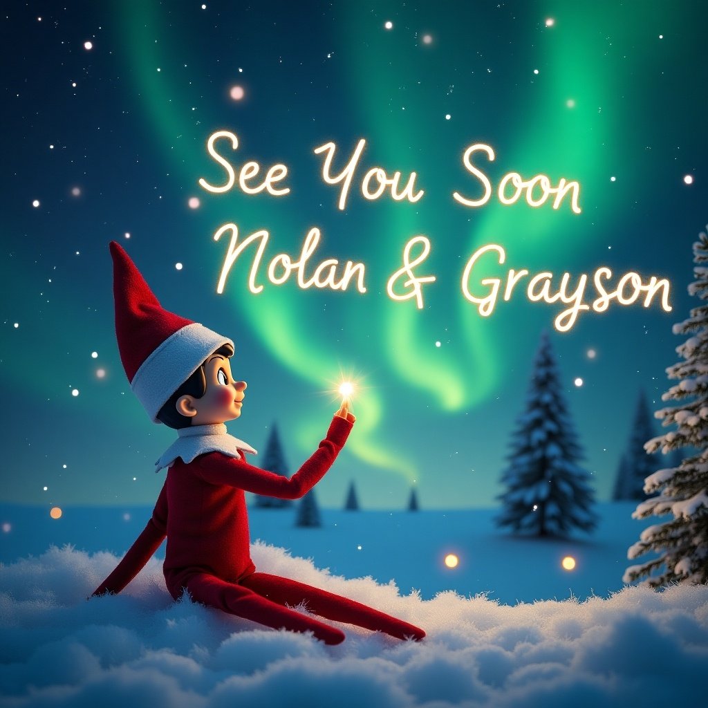 An elf on the shelf is sitting in a snowy landscape, gazing upwards. The sky is filled with vibrant northern lights in green and blue hues. The elf is writing a message in the sky that says 'See You Soon Nolan & Grayson' while holding a glowing star. Snow covers the ground, and evergreen trees are in the background. The mood is festive and magical, perfect for a holiday-themed illustration.