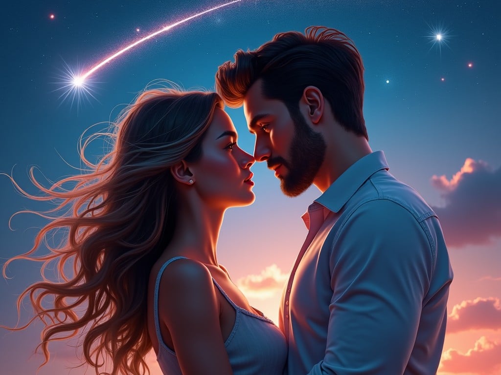 a romantic sunset scene with a couple embracing, a shooting star in the sky, and a warm glow lighting them.