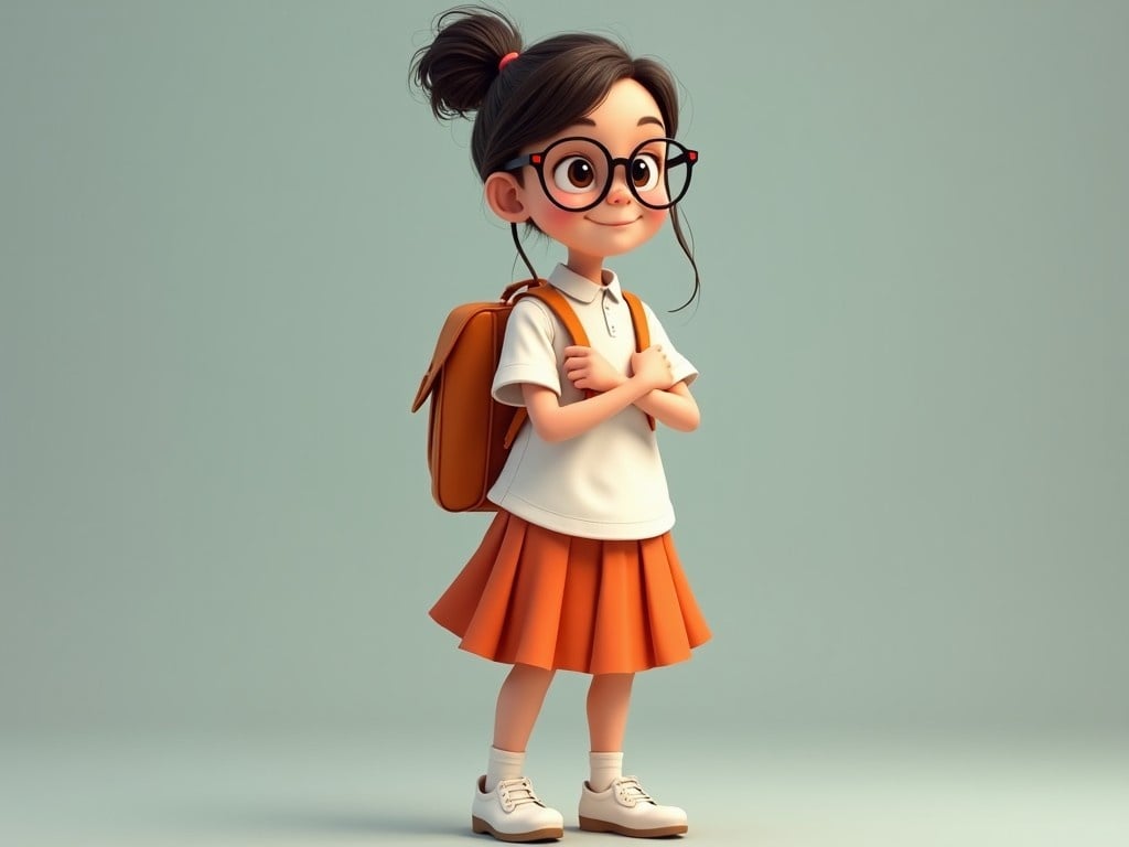 A cheerful girl stands confidently in a school uniform. She has long hair tied up in a bun and wears glasses. The uniform includes a white kurta and an orange skirt. She's holding her school bag close to her chest, showcasing a friendly demeanor. The background is a soft color to highlight the character. This image represents a typical school day for children. The design is playful and vibrant, ideal for educational themes.