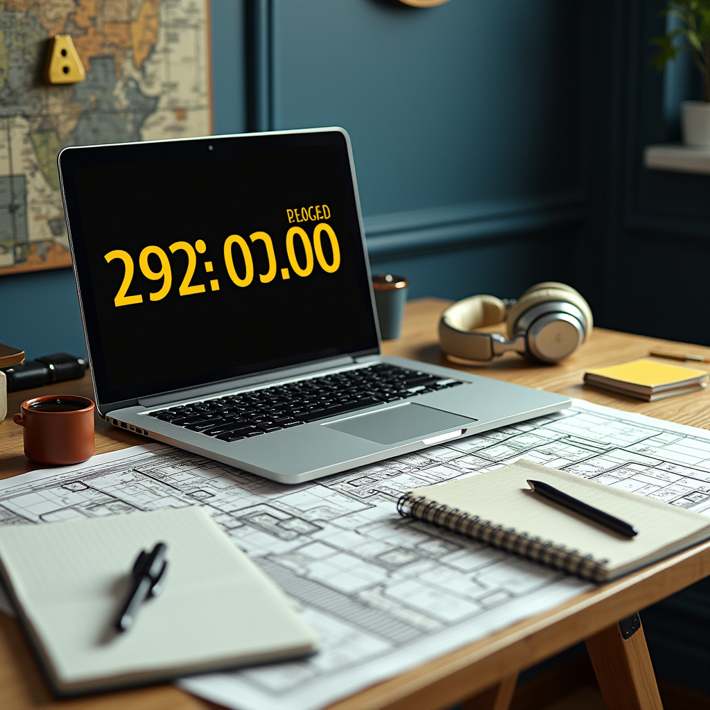 A laptop displays a countdown timer on a desk with architectural drawings and notebooks.