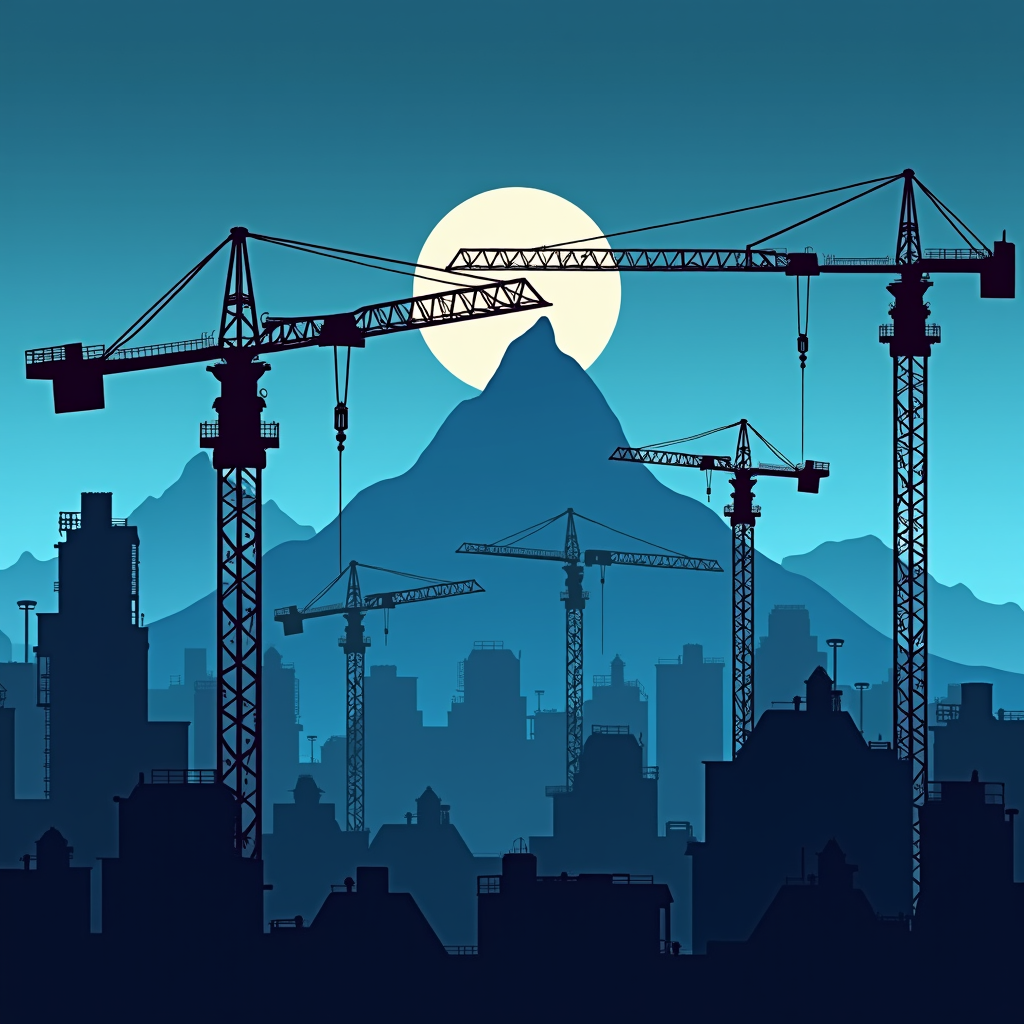 Silhouetted cranes dominate a cityscape at night, with mountains and a full moon in the background.