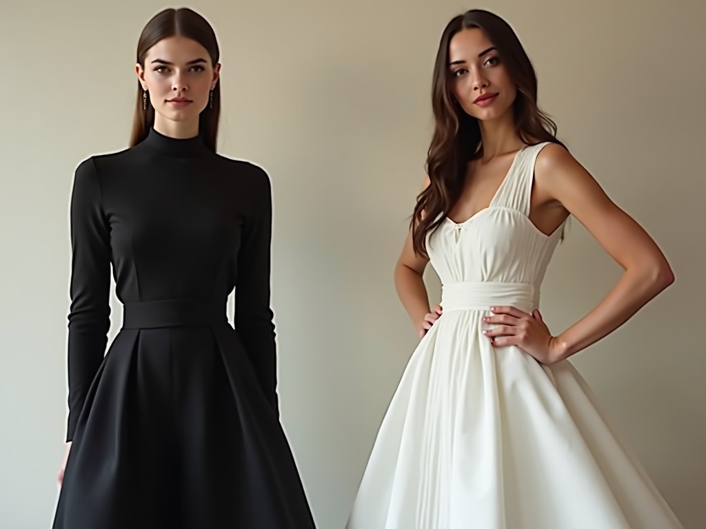 The image features two women standing side by side, showcasing contrasting dresses. On the left, a woman is wearing a sleek black long-sleeve dress that emphasizes modern elegance. On the right, another woman is posing in a flowing white dress, embodying grace and sophistication. Both models exude confidence and poise, making the image appealing for fashion enthusiasts. This portrayal highlights current trends in formal clothing and serves as inspiration for stylish attire.