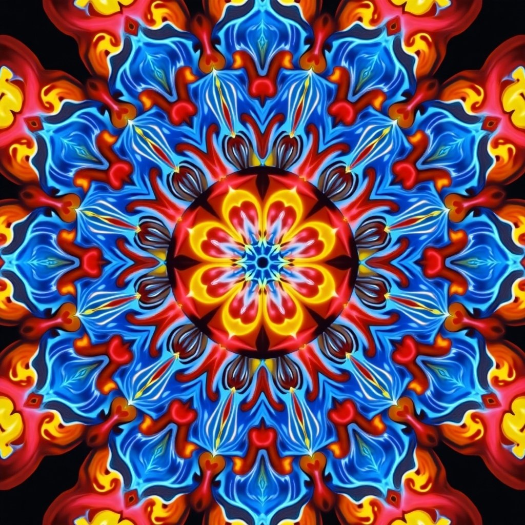 This image features a striking kaleidoscope pattern, bursting with vibrant colors and intricate designs. The colors blend and swirl together in a mesmerizing display, drawing the viewer in. The central focal point showcases a floral-like arrangement, with radiating shapes creating a sense of harmony. The background is a deep black, which enhances the brightness of the colors. Overall, this kaleidoscope evokes a feeling of wonder and creativity, making it suitable for various artistic applications.