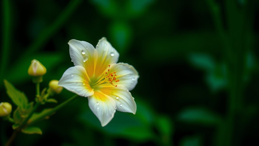 A delicate yellow and white flower adorned with morning dew against a blurred green background.