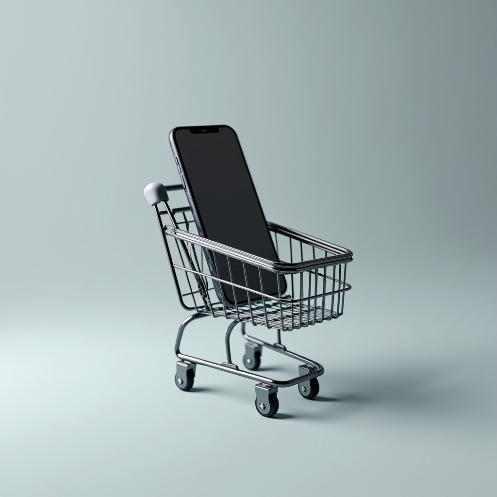 A smartphone placed vertically in a miniature shopping cart on a minimalist background.