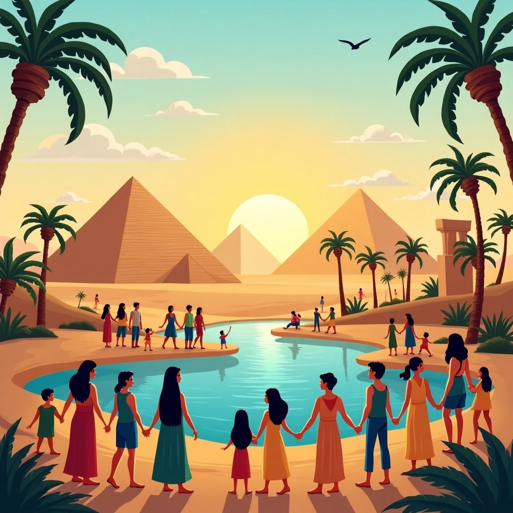 This vibrant illustration depicts a scenic view of the Egyptian landscape, featuring iconic pyramids in the background. In the foreground, a diverse group of people, representing families and friends, hold hands and gather around a beautiful oasis. The warm colors of the sunset add to the serene atmosphere, while palm trees frame the scene. This image captures the essence of community and love for one's heritage in Egypt. It's a visual celebration of togetherness and cultural pride against a stunning backdrop of ancient history.