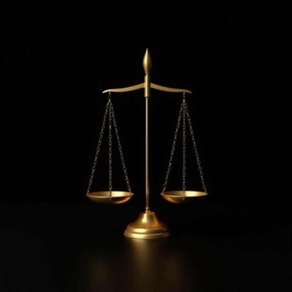 A golden balance scale stands centered on a black background, symbolizing justice and equality.