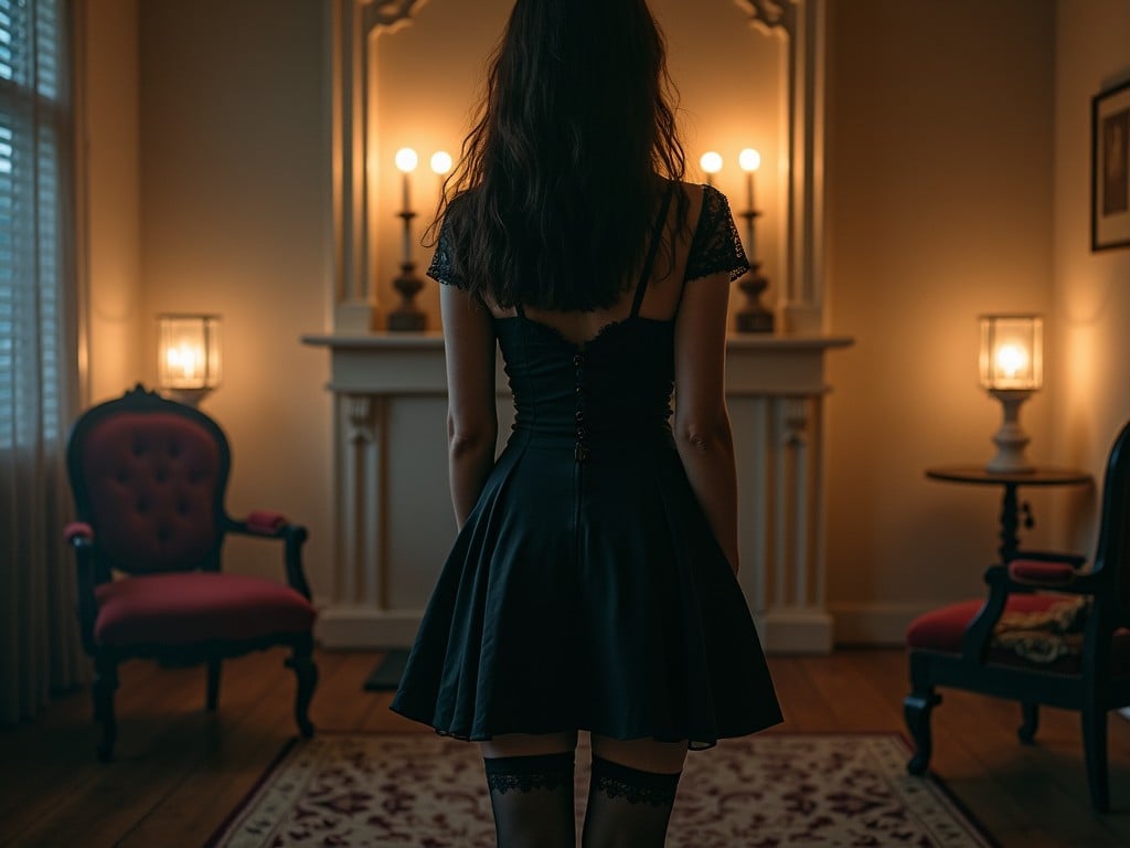 A woman in a black dress standing in a warmly lit, vintage-style room, viewed from behind, with candles on the mantel providing a soft glow.