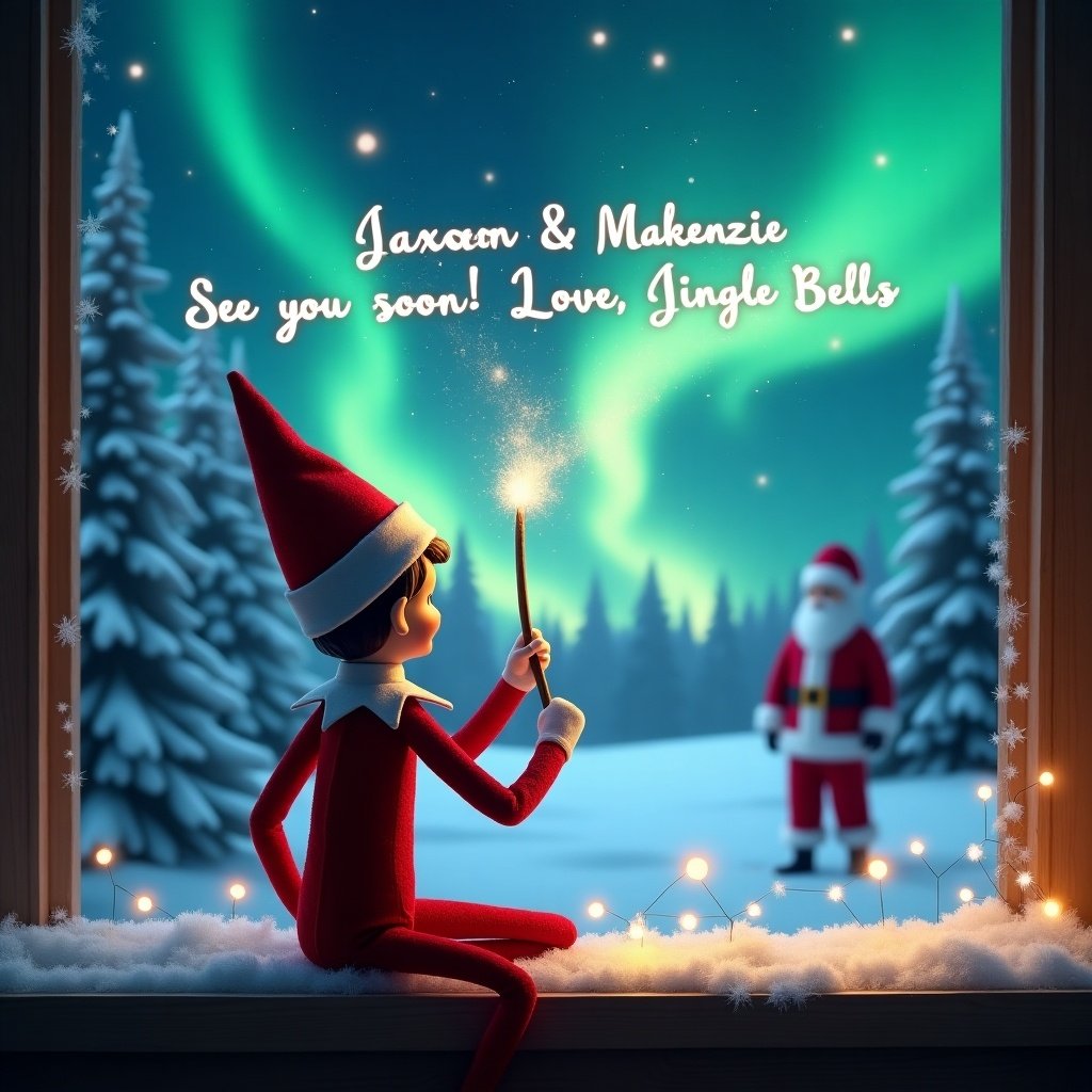 An elf on the shelf is seen with his back towards the viewer, facing a beautiful winter landscape. He holds a magic wand, using it to write the name 'Jaxon & Makenzie' in the sky. The background features mesmerizing northern lights illuminating the night. In the distance, Santa Claus stands amidst the snow-covered trees. This scene captures the essence of Christmas magic and wonder, inviting viewers into a whimsical holiday world.