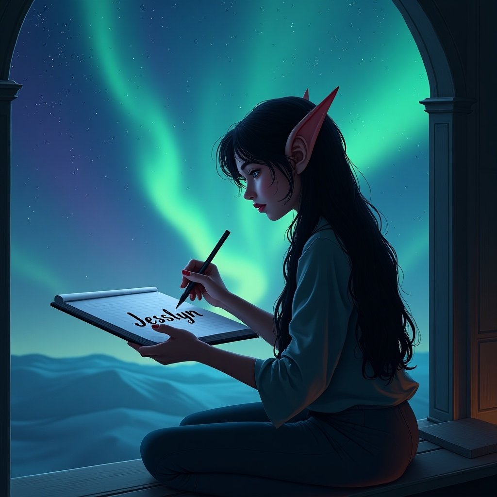 The image depicts a dark-haired girl elf sitting quietly on a ledge while writing the name 'Jesslyn' in a notebook. She has striking elfin ears and is dressed softly, complementing the serene scene. The northern lights illuminate the night sky behind her with vibrant greens and blues. The peaceful expression on her face indicates creativity and concentration. This enchanting atmosphere allows viewers to immerse themselves in a fantasy world. The scene balances indoor warmth with the cool magic of nature outside.