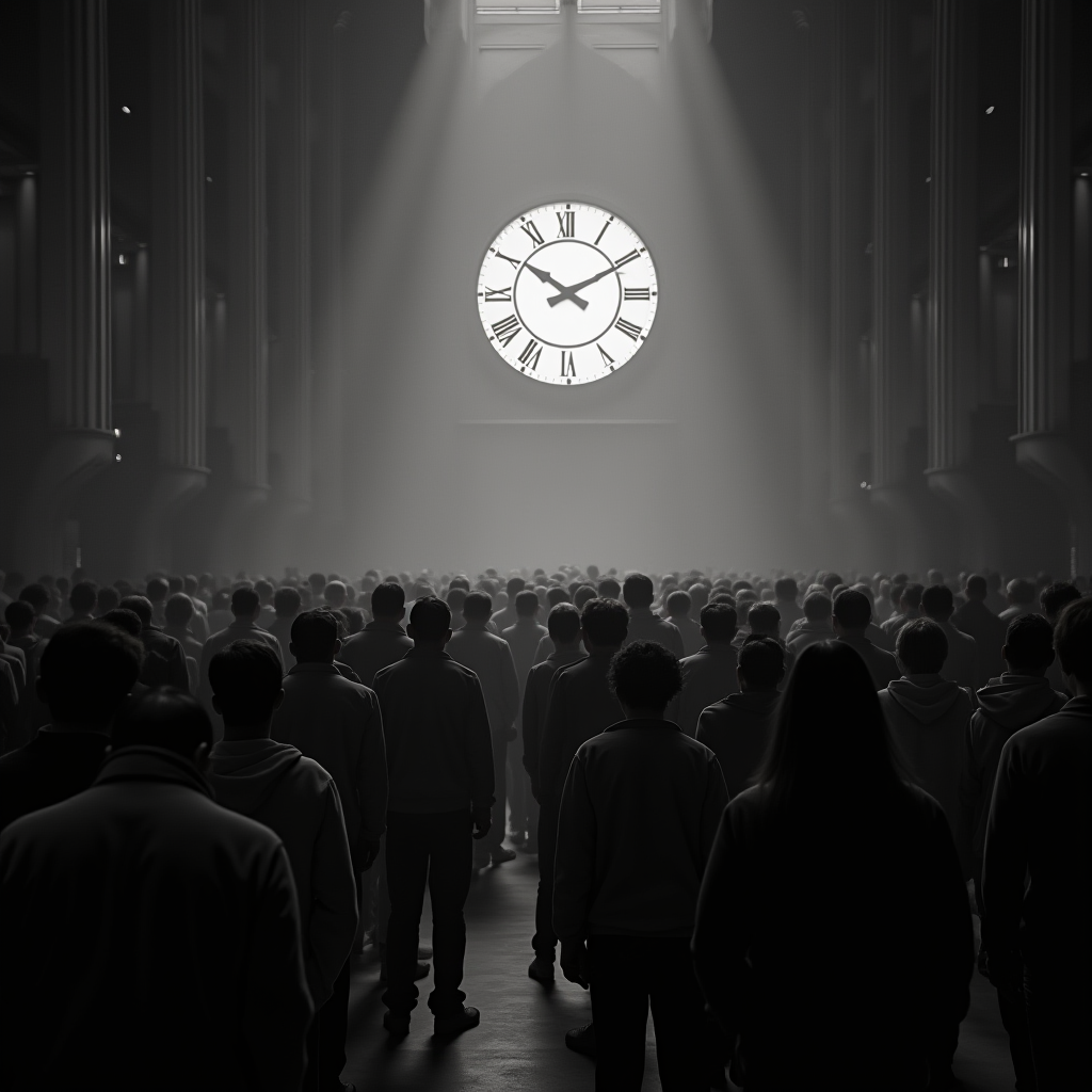 A large group of people stand in a dimly lit room, facing a giant, illuminated clock on the wall.