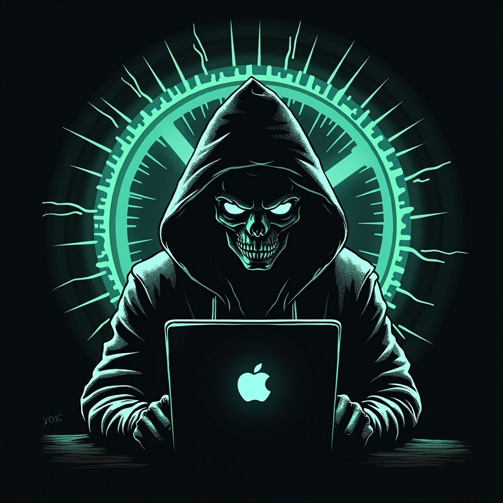 The image depicts a menacing hacker in a dark hoodie, sitting in front of a laptop. The hacker's face is obscured, revealing a skull, evoking a sense of danger. A glowing green backdrop highlights the figure, enhancing the overall eerie atmosphere. This digital artwork resonates with themes of cybercrime and hacking culture. It symbolizes the hidden threats posed by cybercriminals in the digital world.