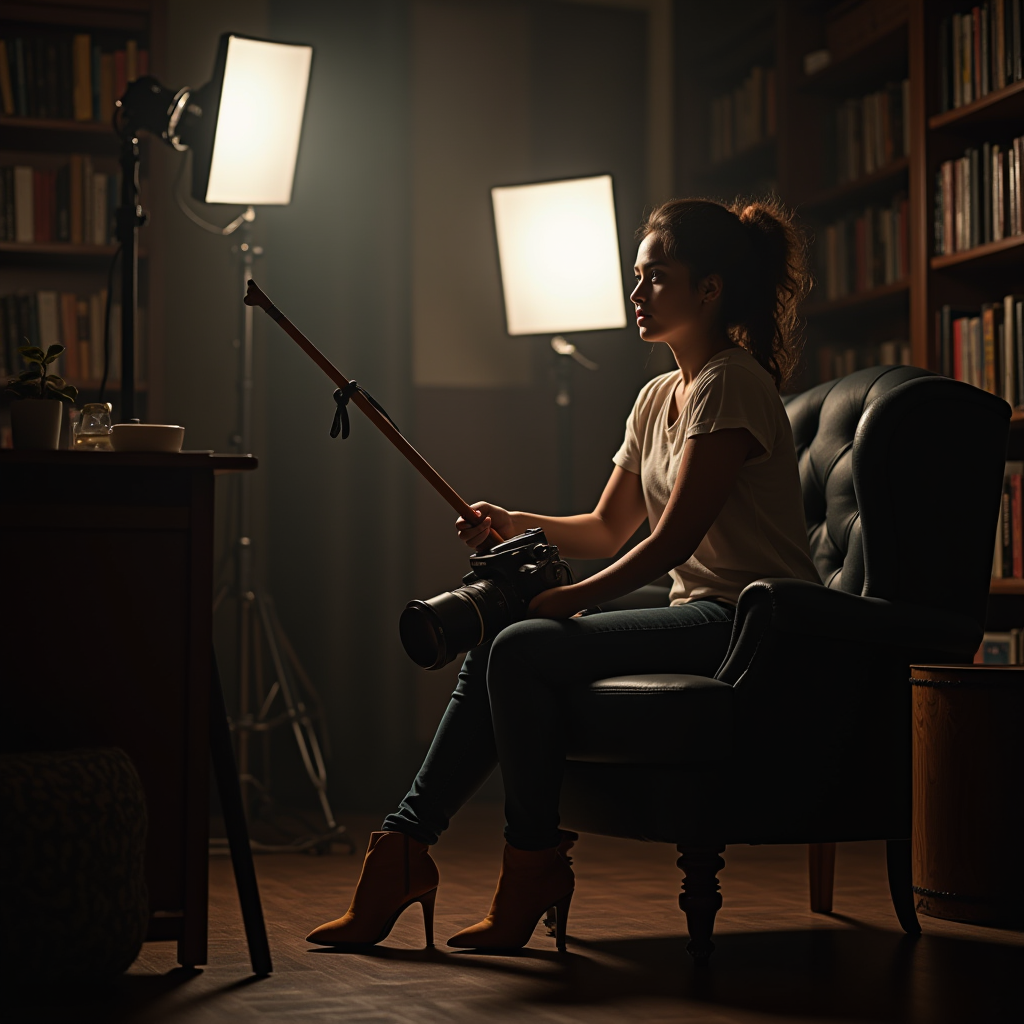 A photographer in a cozy studio setting adjusts her camera equipment, surrounded by shelves of books.