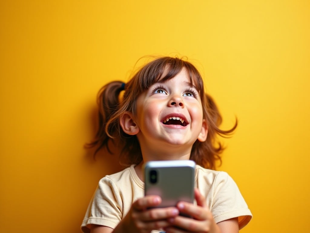 A young child smiling joyfully while holding a smartphone against a bright yellow background.