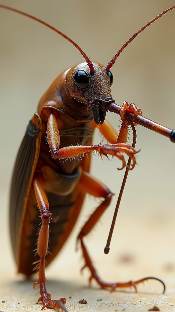 A whimsical image of a cockroach playing a tiny violin, displaying a sense of humor and creativity.