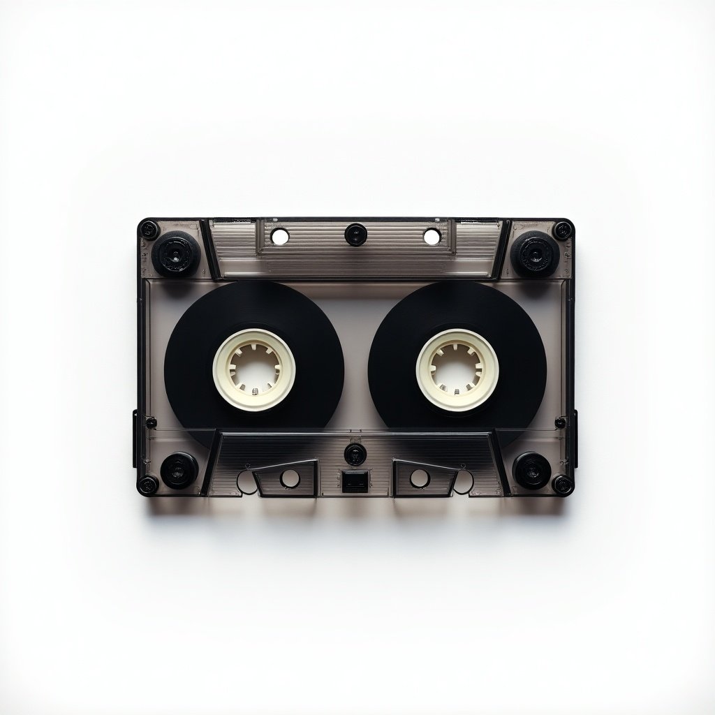 A classic black and transparent cassette tape is placed on a plain white background. The image captures the intricate details of the cassette, especially the reels inside. Its design showcases the nostalgic feel of analog audio technology. The plain background enhances focus on the cassette itself. This image evokes a sense of nostalgia for music lovers and collectors alike.