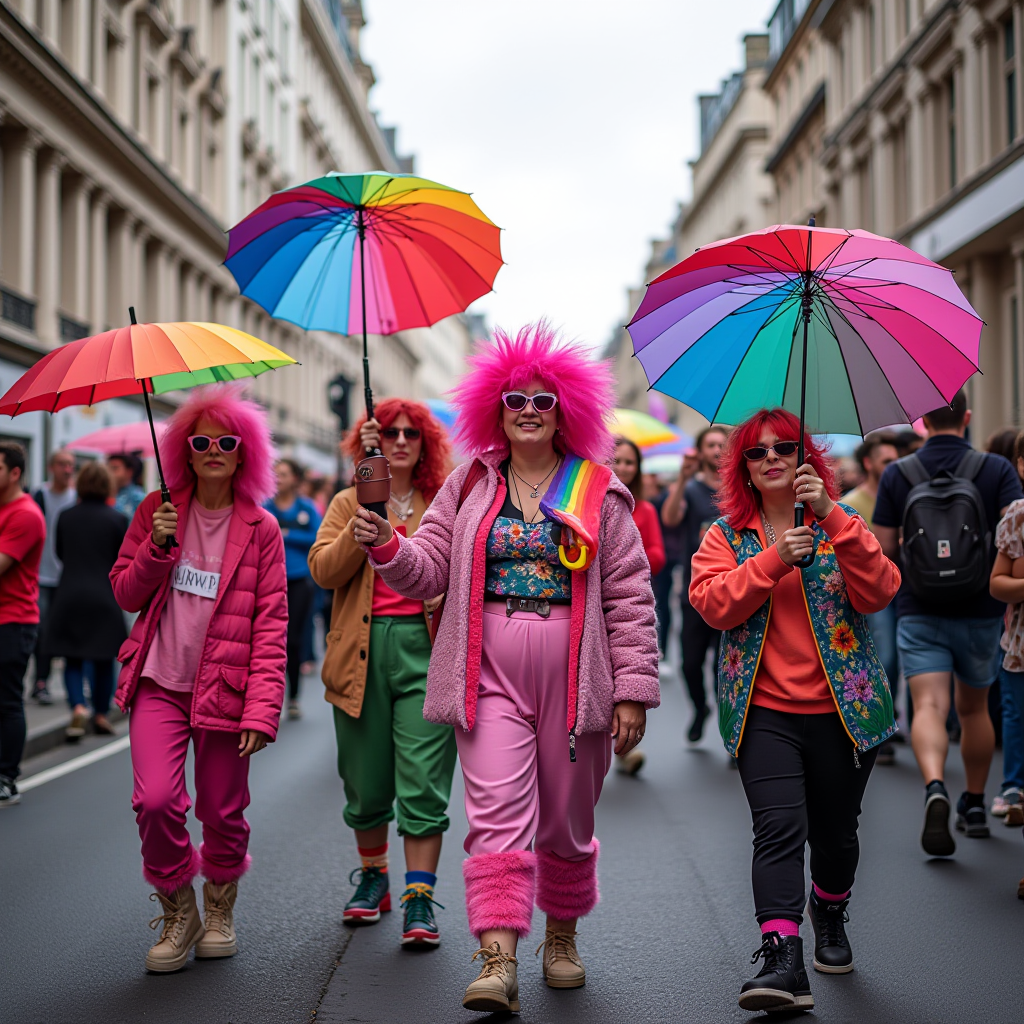 Four people in colorful outfits and pink wigs hold rainbow umbrellas while walking in a lively street parade.